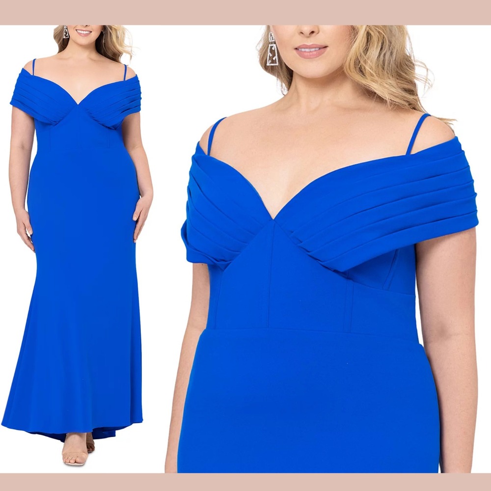NEW $269 Betsy & Adam [ 22W‎ ] Rayna Corset Off The Shoulder Gown in Blue #S2088